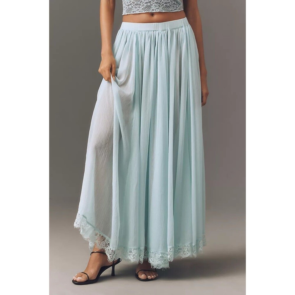 By Anthropologie Sheer Maxi Skirt Floral Cutwork High Low Pull-on L New 281263